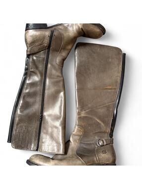 Born “Helen” Olive brown leather knee high riding boots with buckle detail.